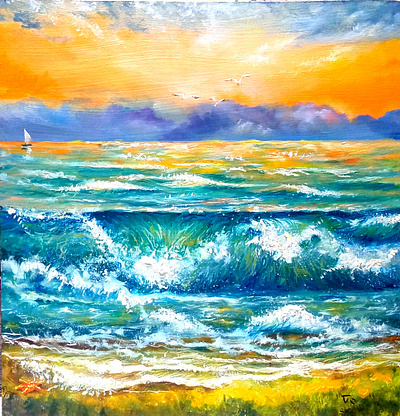 Vibrant Sunset at Sea - Original Oil Painting on Fiberboard art hand painted illustration paint painting sea sunset ukraine