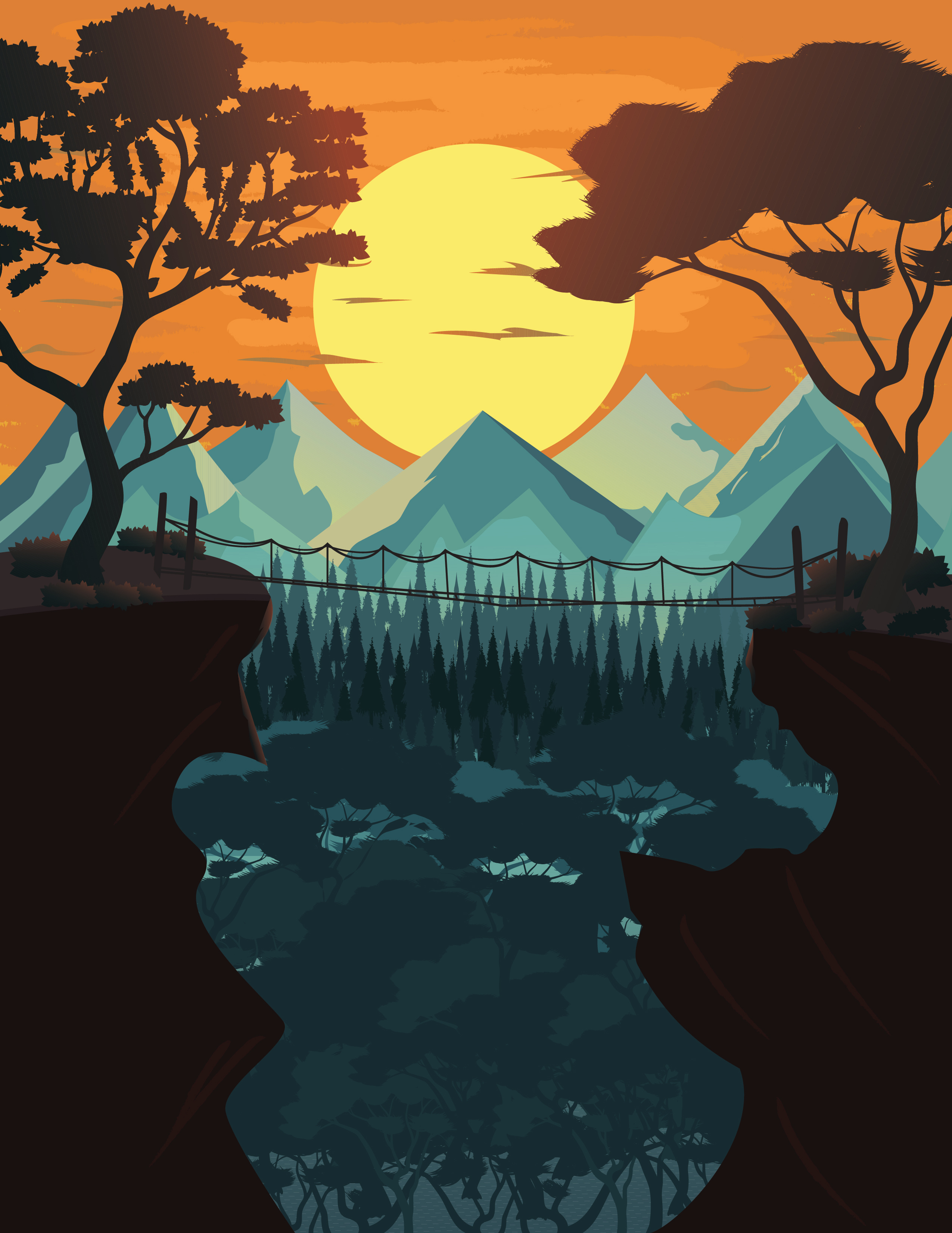 A Sunset View Illustration animation art banner blue sky branding design drawing forest graphic design illustration jungle mountain poster sky sun sunset tree vector