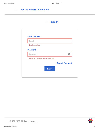 RPA with React Query and Material UI app axios design development email password form mui react query reactjs routing ui validation web