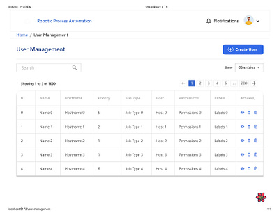 RPA User Management with React Query Table app design development landing page react developer react query react table reactjs ui web web design website design