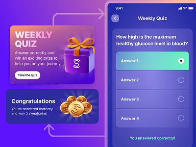 Sweatcoin for health: Quizzes component design product design ui design user experience design user interface design