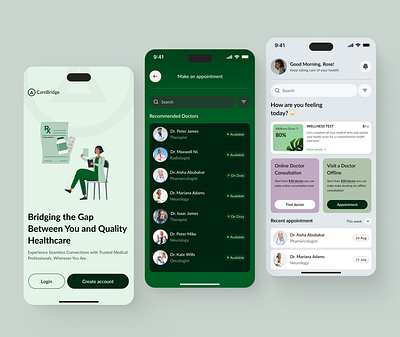 CareBridge - Health Care App appointment booking clinic design health health app health care health care app healthy hospital medical app medical appointment product design ui ui design uiux ux virtual care