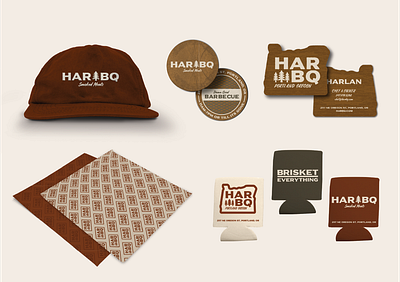 HAR-BQ Merch Mockups apparel beverage branding coaster food food packaging graphic design hat koozie logo mockup paper