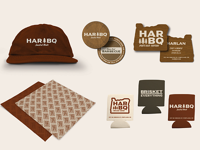 HAR-BQ Merch Mockups apparel beverage branding coaster food food packaging graphic design hat koozie logo mockup paper