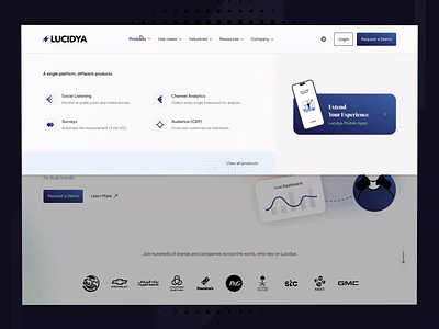 Lucidya customer experience management platform (Navigation) ai animated interactions clean layout customer experience customer feedback data driven decisions dropdown george samuel information architecture lucidya merga menu minimalist design navbar navigation responsive design social media analytics ui design user interface ux design website design