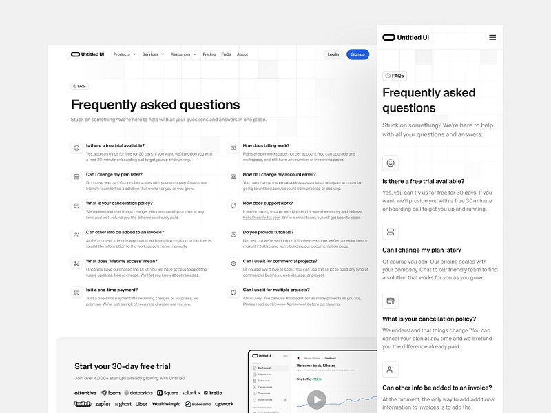 Frequently asked questions (FAQs) — Untitled UI design system documentation faq faqs figma figma design system frequently asked questions grid header minimal minimalism support ui library web design website design wiki