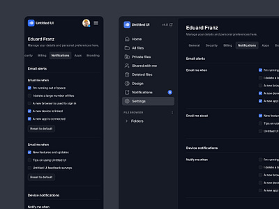 Notifications settings — Untitled UI dark ui darkmode design system figma figma design system nav notification settings preferences product design saas settings sidenav tabs ui ui design ui kit ui library user interface