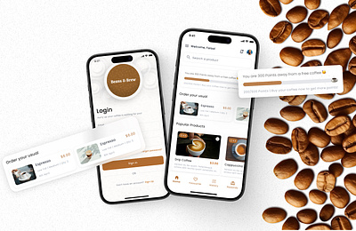 Bean & Brew Mobile App animation app design branding checkout process coffee app e commerce food beverage app food delivery app ios app mobile design prototyping ui