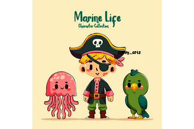 Hand Drawn Sea Characters Collection adventure boat captain caribbean cartoon character clip art costume decoration flag hat jellyfish marine pirate sailor sea ship skeleton skull treasure