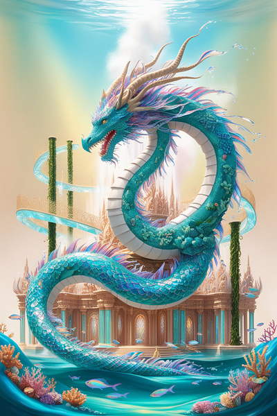 A dragon made of flowing water and colorful coral design illustration