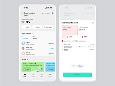 Fintech App - UI UX Design cards clean error message fintech home icons mobile app modal sending transactions ui ux