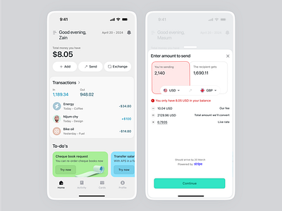 Fintech App - UI UX Design cards clean error message fintech home icons mobile app modal sending transactions ui ux