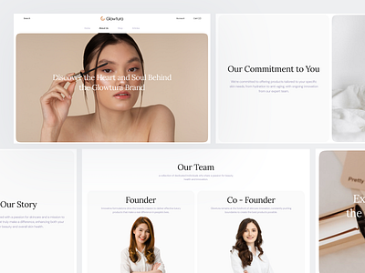 Glowtura - About Us about us aesthetic beauty product brand identity branding clean cosmetic design ecommerce face landing page makeup marketplace minimalist skincare team page ui ux website woman