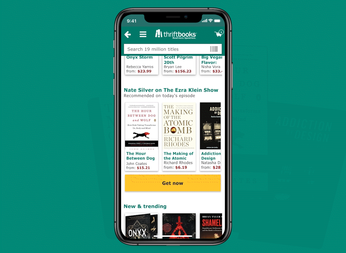 Thriftbooks + The Ezra Klein Show content section concept animation books microinteraction mobile purchase ui
