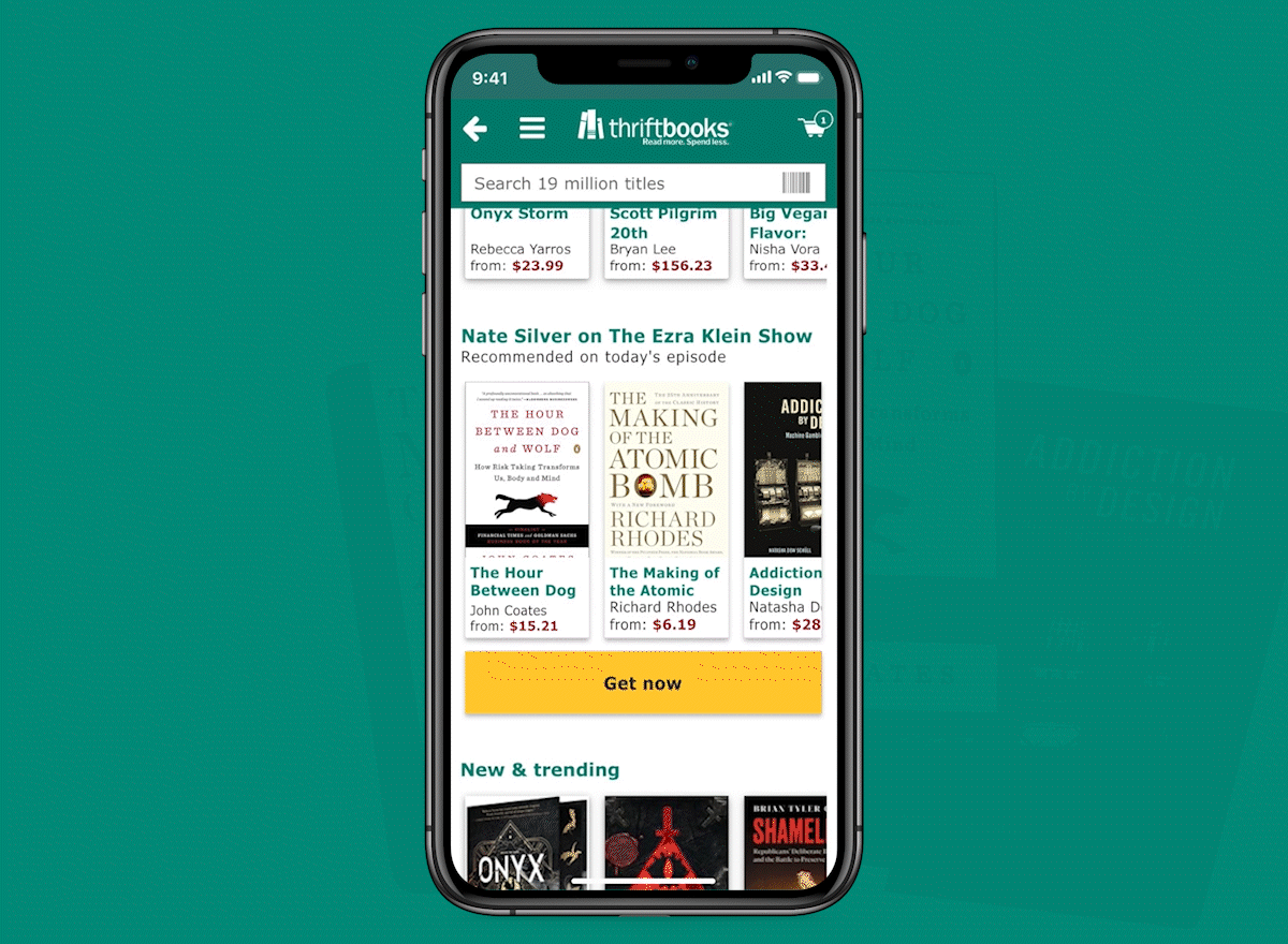 Thriftbooks + The Ezra Klein Show content section concept
