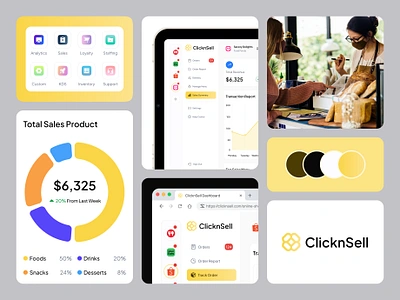 ClicknSell Visual Branding brand identity cashier app cashier dashboard chart color dashboard point fo sale point of sale app point of sale branding pos pos app report sales report visual branding yellow