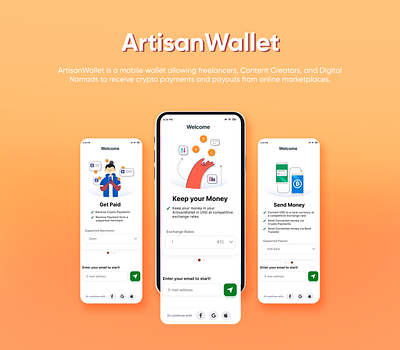 ArtisanWallet, designed by Ansysoft adobeillustrator adobephotoshop banktransfers contentcreators cryptopayments cryptowallet digitalnomads figma freelancers mobile app mobiletop ups mobilewallet onlinemarketplaces payouts transfermoney