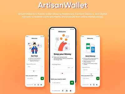 ArtisanWallet, designed by Ansysoft adobeillustrator adobephotoshop banktransfers contentcreators cryptopayments cryptowallet digitalnomads figma freelancers mobile app mobiletop ups mobilewallet onlinemarketplaces payouts transfermoney