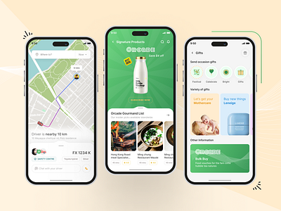 Finance & Groceries Order App buy category ecommerce ios map map tracking mobile app product list send gift signature products subscribe now ui