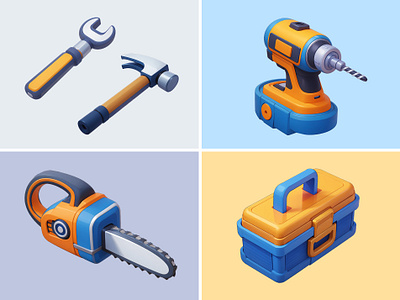 Constructions Icon Cartoon Illustration 3d builder cartoon chainsaw construction cute design drill hammer icon illustration pastel rendering tool box wrench