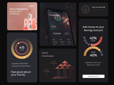 Jupiter - Visual Explorations animation banking branding credit card design finance fintech graphic design iconography icons illustration jupiter motion payment savings account scan and pay typography ui uiux visual design