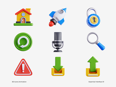 Essential Interface 3D Icon Animation 3d animation blender design essential interface home icon icon pack icon set icons illustration interface lock motion graphics rocket ui ui design upload ux