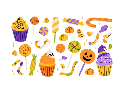 Halloween sweets candy cartoon character concept cupcake design fall flat halloween illustration pumpkin sweets treat vector