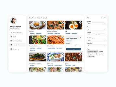 Personalized Meal Planning Dashboard. Web App app app design dailyui dashboard dropdown figma filters food health healthcare input meal medicine menu profile saas ui ux web webdesign