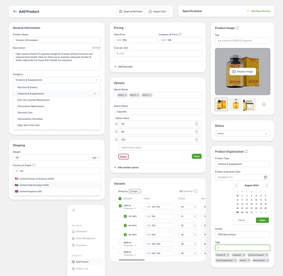 Add Product Dashboard Page within a SaaS e-commerce platform. add product dashboard design product saas software ui ux