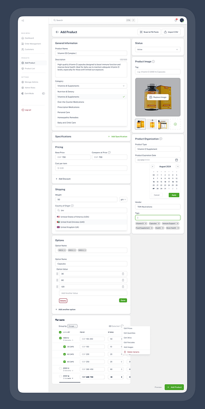 Add Product Dashboard Page within a SaaS e-commerce platform. add product dashboard design product saas ui ux