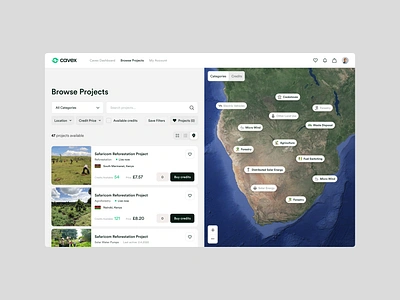 Cavex - Browse Projects app browse c02 carbon climate climate change credits design ecology green product product design projects ui user experience user interface ux web web app webapp