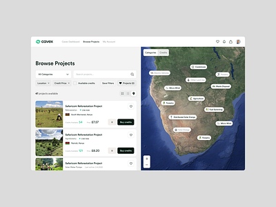 Cavex - Browse Projects app browse c02 carbon climate climate change credits design ecology green product product design projects ui user experience user interface ux web web app webapp