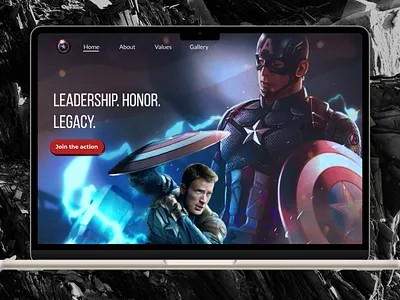 Captain America landing page captain america comic creation design figma landing page leader lighting marvel photomanupulation ui ux