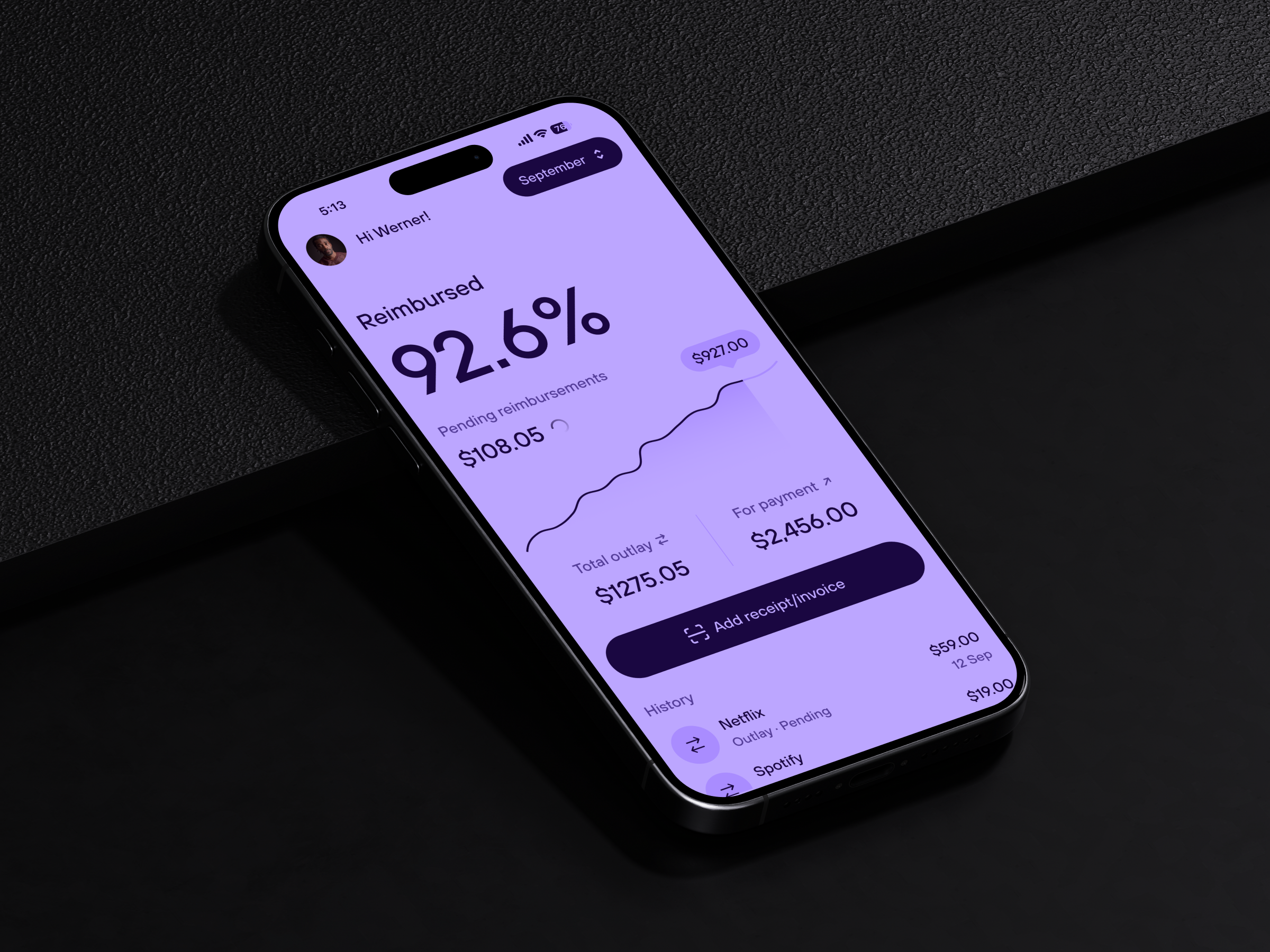 Reimbursement Finance App app bill bold branding chart finance fintech graph graphic design invoice ios minimalistic modern money percentage purple receipt scan ui ux