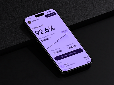 Reimbursement Finance App app bill bold branding chart finance fintech graph graphic design invoice ios minimalistic modern money percentage purple receipt scan ui ux