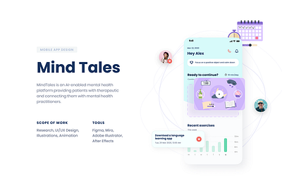 MIND TALES - MENTAL HEALTH MOBILE APP DESIGN branding color scheme design figma illustration logo marketing mind tales mockup ui ui ux