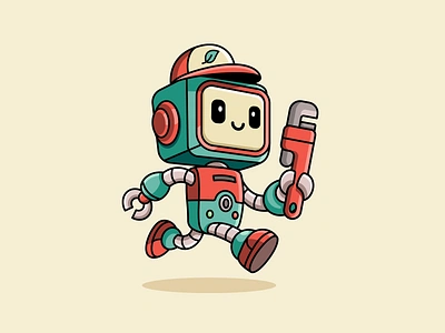 Robot Plumber action pose cartoon character classic cute mascot illustration installation mascot pipe wrench plumber plumbing repair retro retro robot robot running speed fast vintage water heater wrench