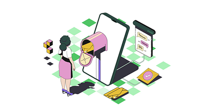 Messaging Service Isometric 2D Animation 2d animation chat application communication customer support email email app flat illustration interaction letters mail mailbox marketing messaging service mobile app motion online post office woman