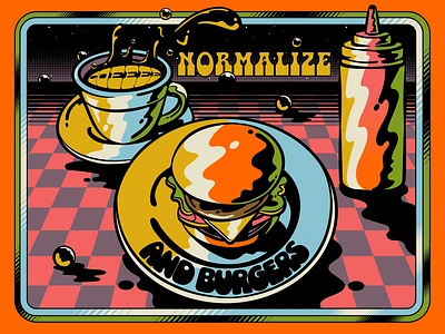 Normalize Coffee and Burgers coffee color colorful design diner espresso food hamburger illustration pop art restaurant retro typography vector vintage