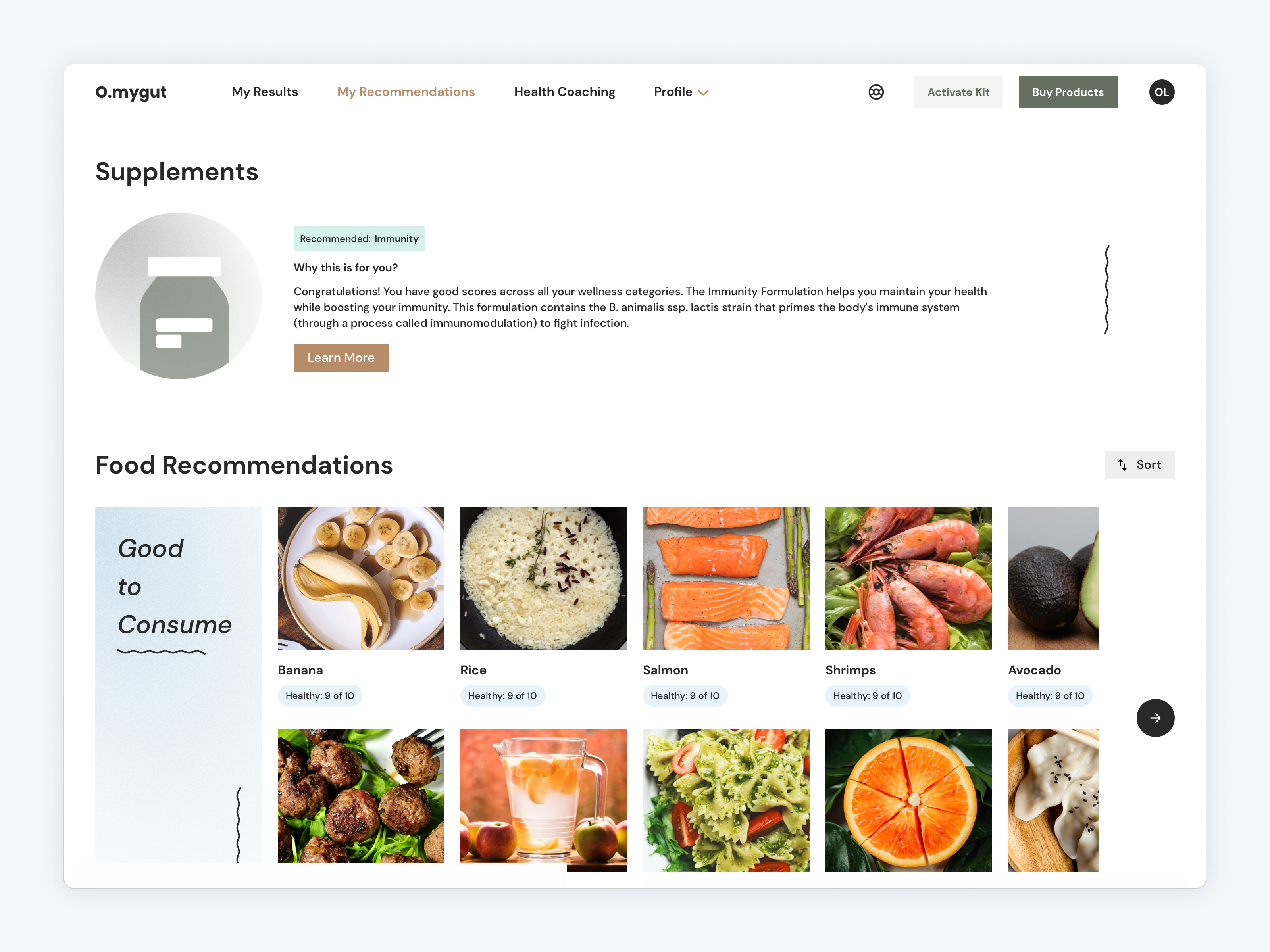 Health & Wellness Recommendations Interface app app design cleanui dailyui dashboard figma food gradient health healthcare illustration meal medicine saas shop store ui ux web webapp