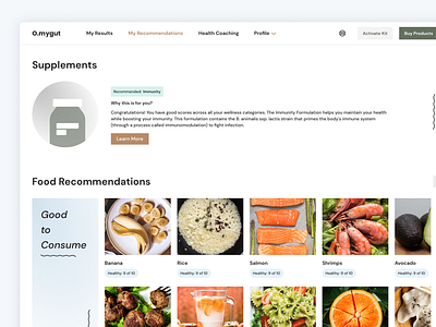 Health & Wellness Recommendations Interface app app design cleanui dailyui dashboard figma food gradient health healthcare illustration meal medicine saas shop store ui ux web webapp