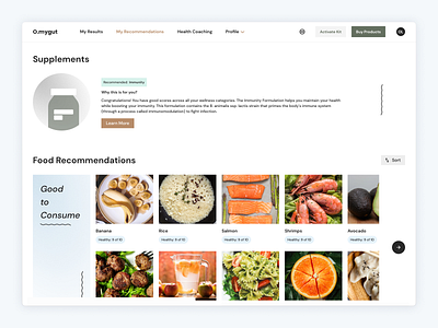 Health & Wellness Recommendations Interface app app design cleanui dailyui dashboard figma food gradient health healthcare illustration meal medicine saas shop store ui ux web webapp