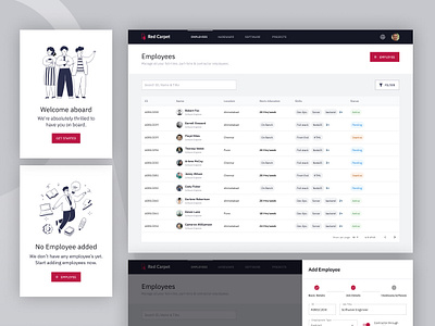 Red Carpet - Employees & Profile admin panel analytics dashboard app design system employee management employees filters onboarding planning dashboard profile ui team management teamstatistic ui ux uxd web dashboard web design