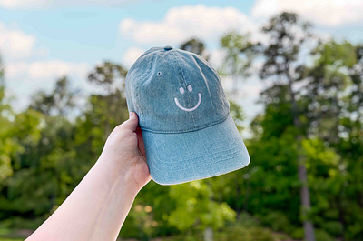 Happy Face Embroidered Denim Hat accessory apparel baseball hat branding dad hat denim design embroidered embroidery graphic design happy happy face hat smile