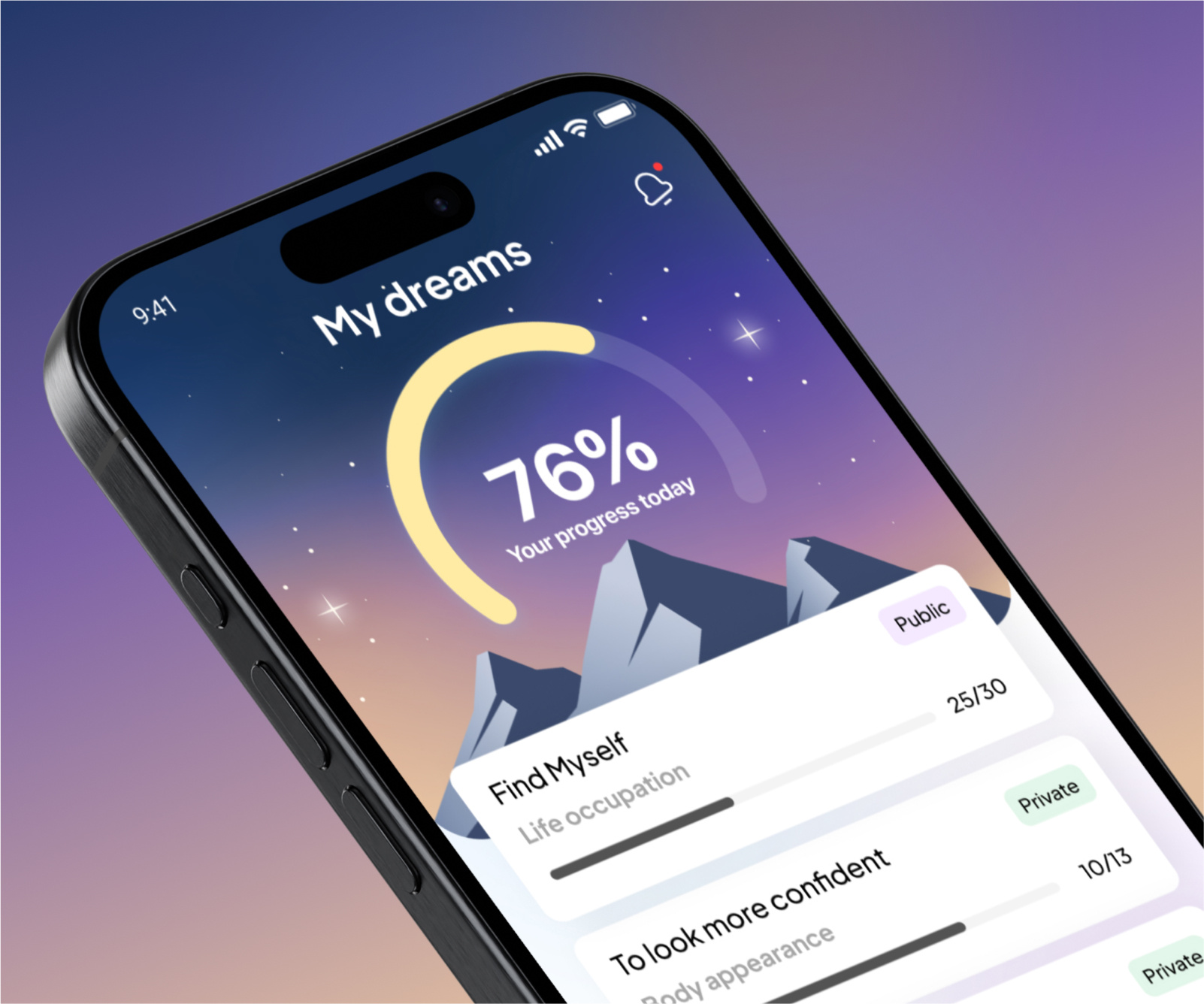 My Dream AI app achieve ai app design artistic create a goal dreams feed goals leadership mountains app progress tasks ui ux