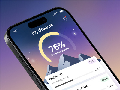 My Dream AI app achieve ai app design artistic create a goal dreams feed goals leadership mountains app progress tasks ui ux