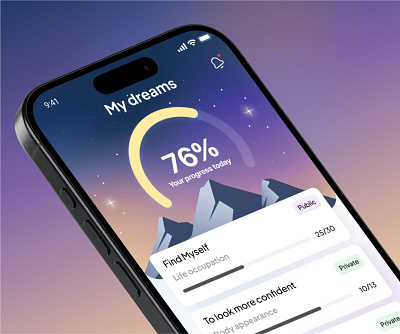 My Dream AI app achieve ai app design artistic create a goal dreams feed goals leadership mountains app progress tasks ui ux