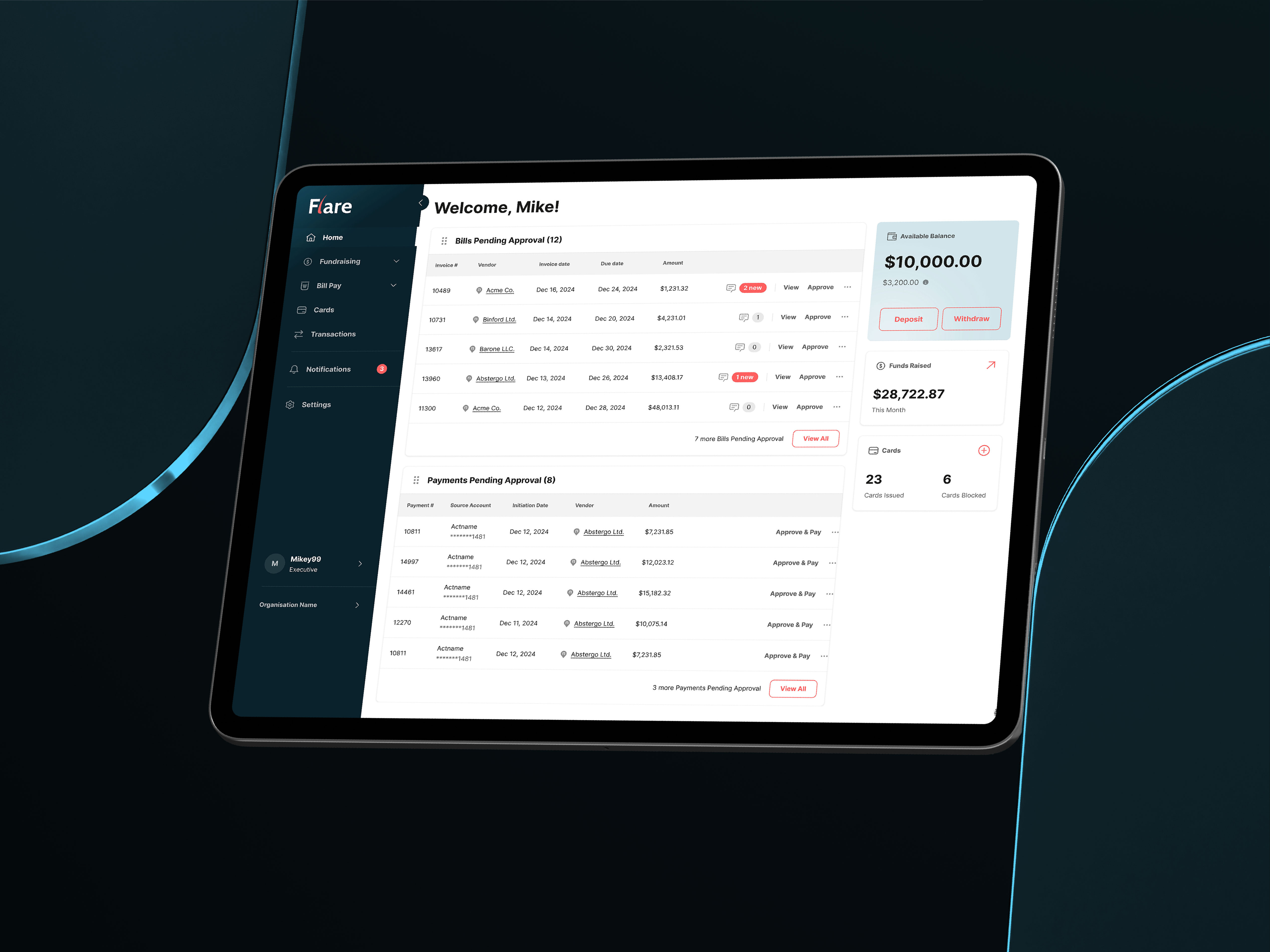 Financial Dashboard For Nonprofits - Flare dark sidebar dashboard finance modern pending tasks queue sidebar tasks ui uiux ux web app design.