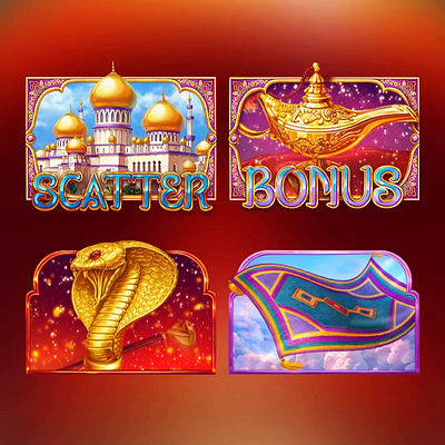 Slot characters animation for the online slot "Aladdin's Genie" agrabah aladdin aladdins slot animation animation art carpet characters animation digital art gambling game art game design graphic design lamp motion graphics slot characters slot design slot symbols snake symbols animation