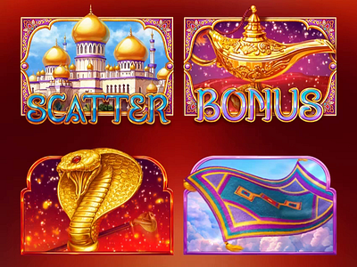 Slot characters animation for the online slot "Aladdin's Genie" agrabah aladdin aladdins slot animation animation art carpet characters animation digital art gambling game art game design graphic design lamp motion graphics slot characters slot design slot symbols snake symbols animation